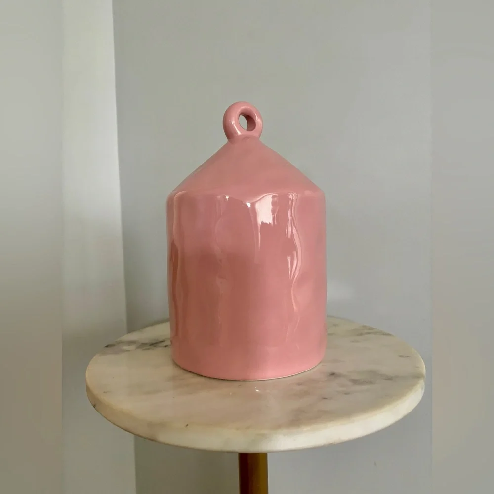 Kathy Diep Pink Ceramic Birdhouse Glossy Modern Cottagecore Decor OS